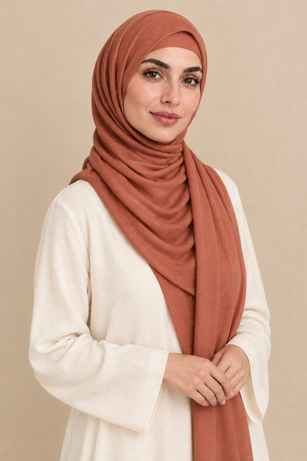 Model wearing a Terracotta modal hijab