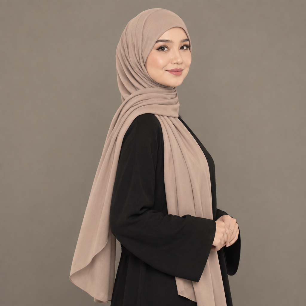 Model wearing a nude beige Kuwait jersey hijab