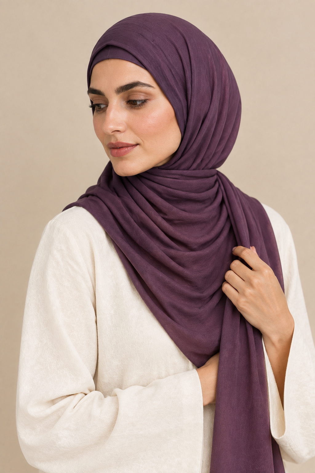 Plum hijab portrait showing matching open square undercap