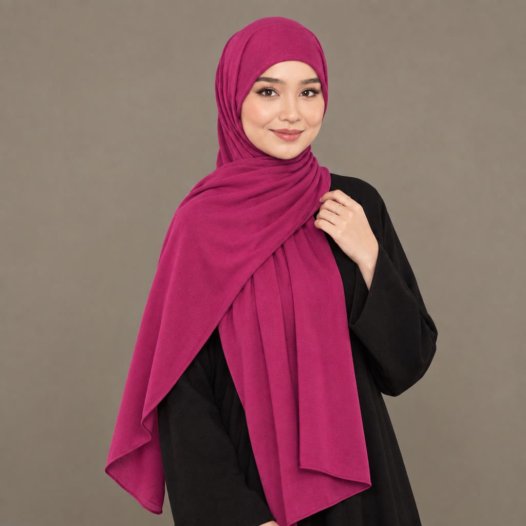 Model wearing a fuchsia Kuwait jersey hijab