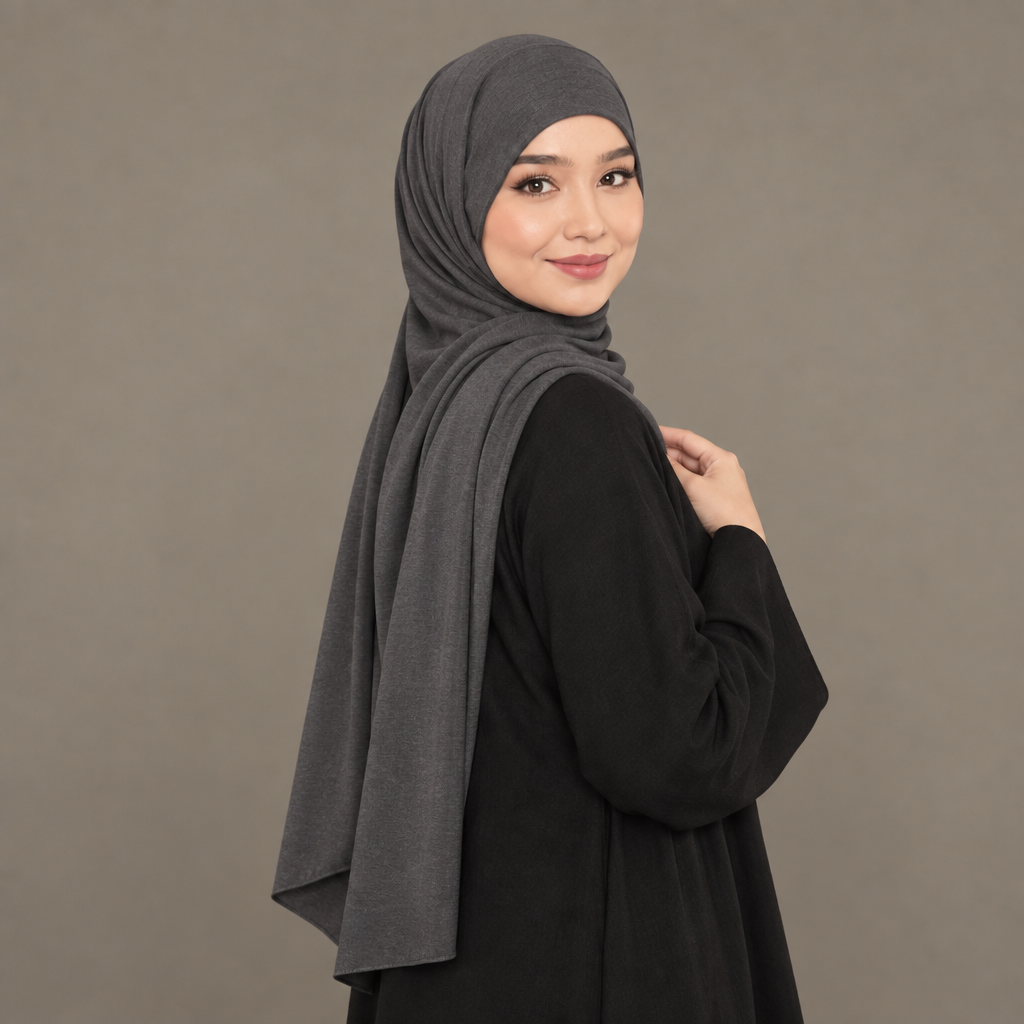 Model wearing a charcoal grey Kuwait jersey hijab