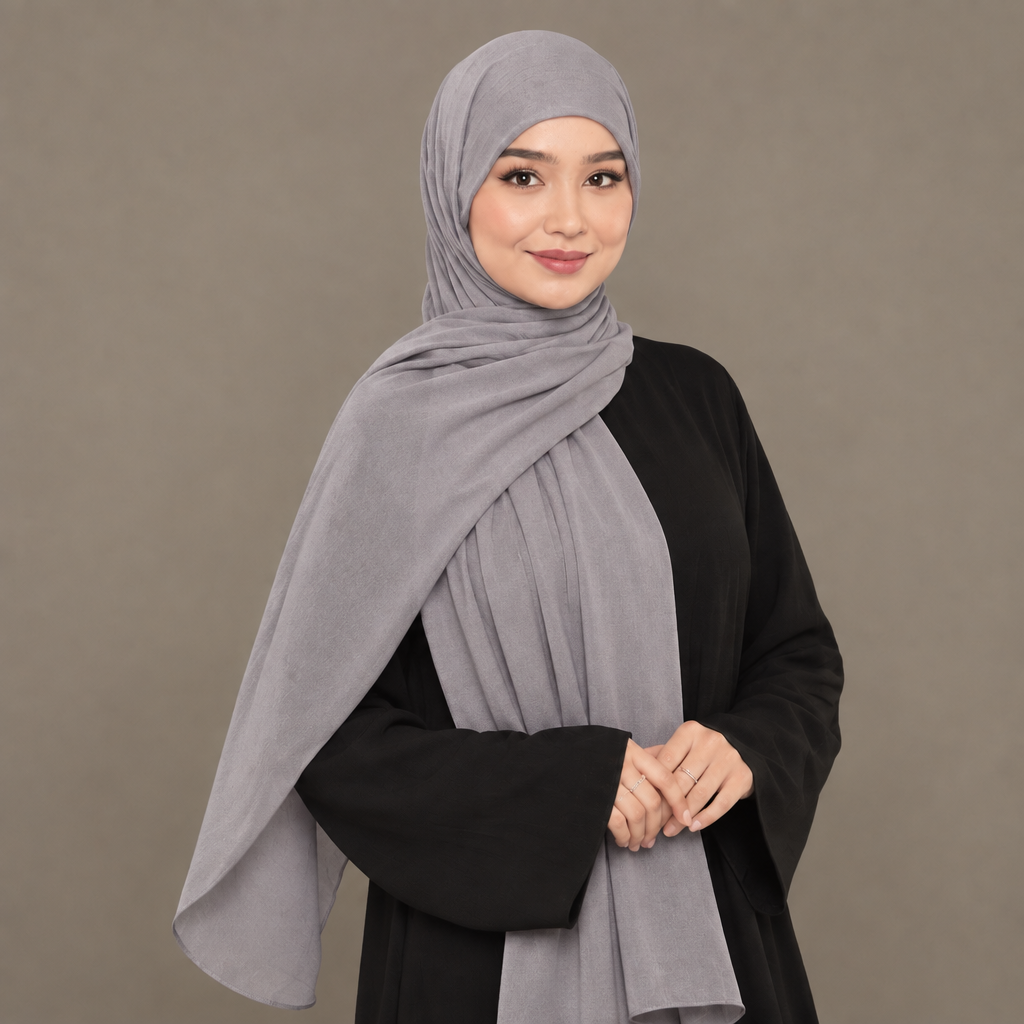 Model wearing a dove grey Kuwait jersey hijab