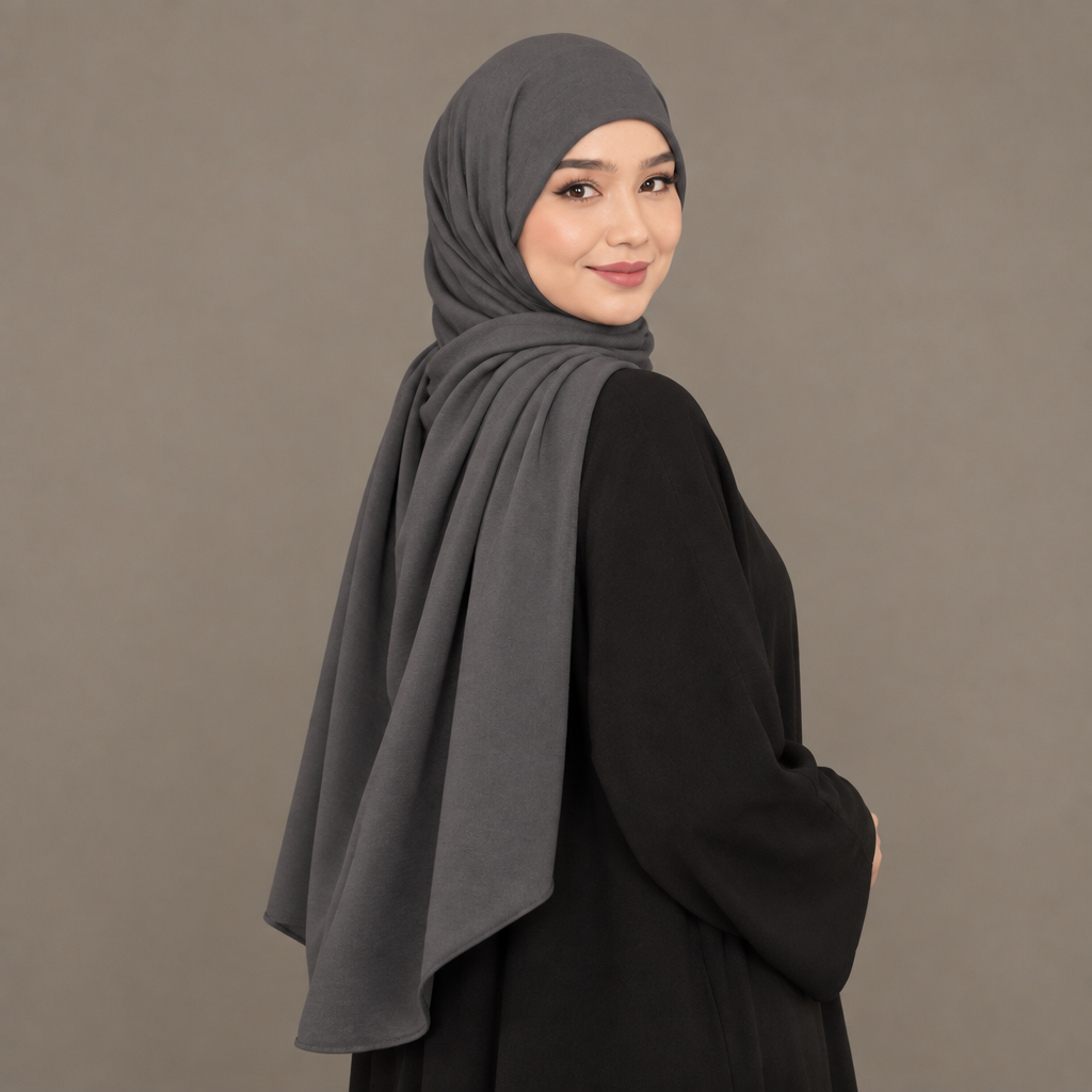 Model wearing a graphite grey Kuwait jersey hijab