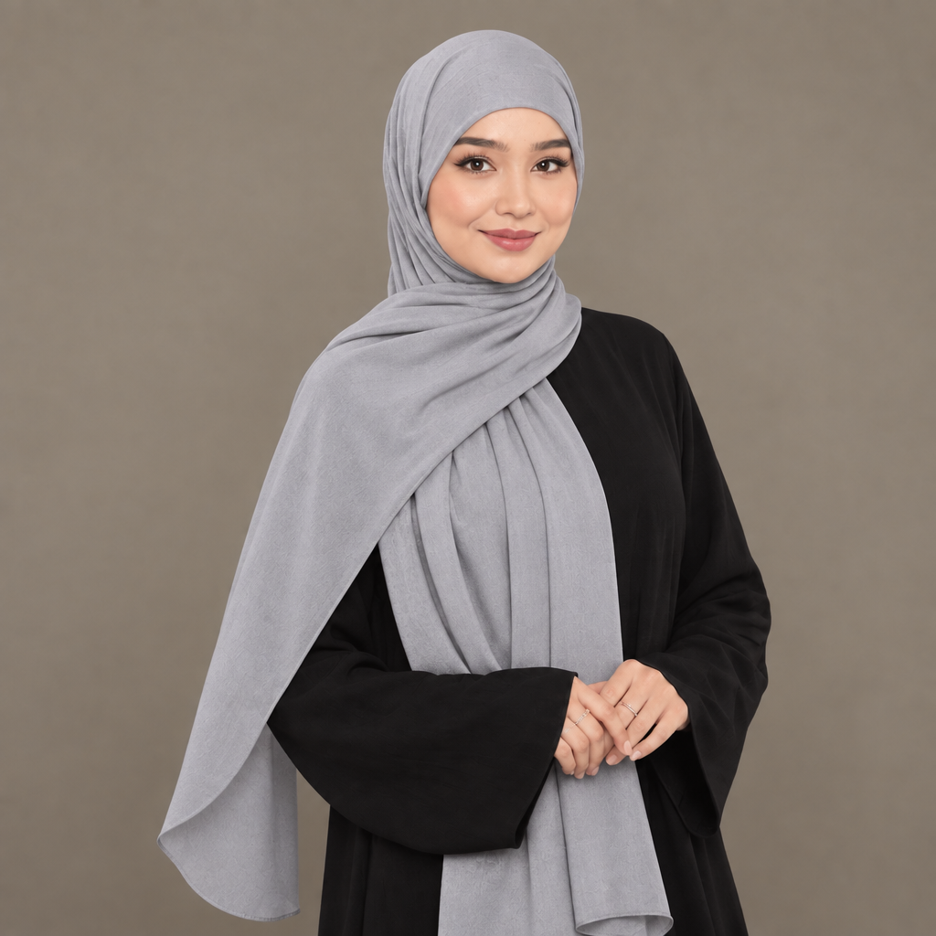 Model wearing a light grey Kuwait jersey hijab