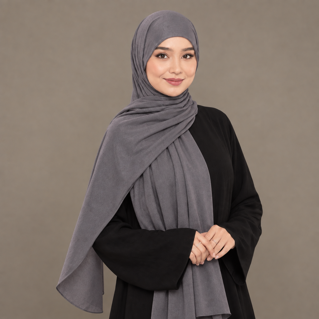 Model wearing a pewter grey Kuwait jersey hijab
