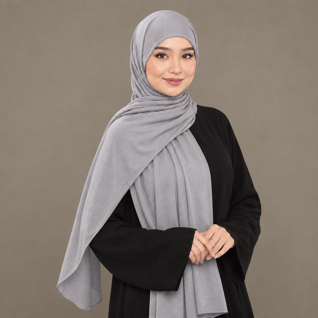 Model wearing a silver grey Kuwait jersey hijab