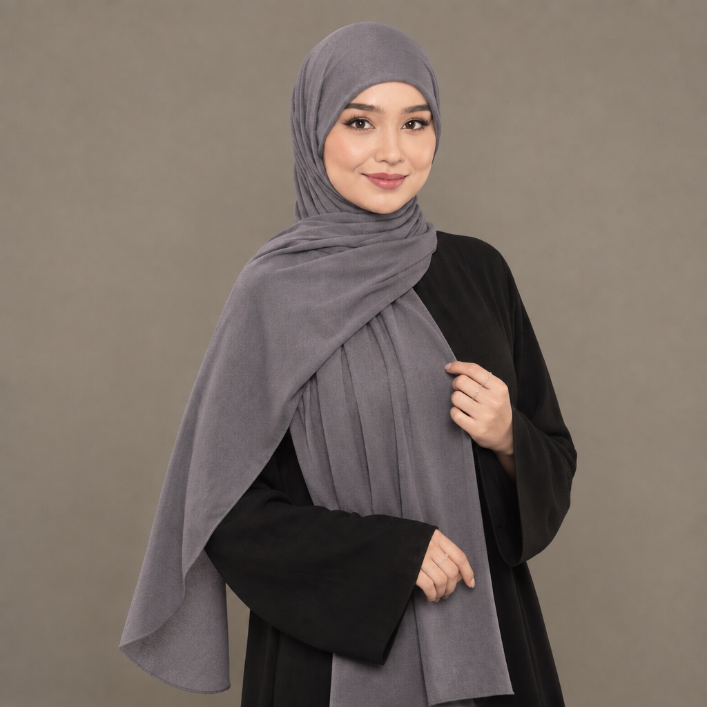 Model wearing a smoke grey Kuwait jersey hijab
