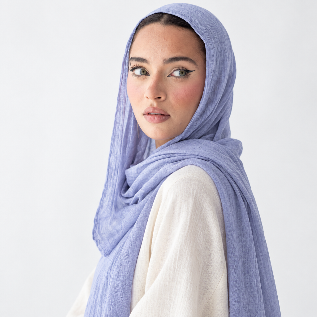 Model wearing periwinkle crinkle hijab, colour concept for swatch 4
