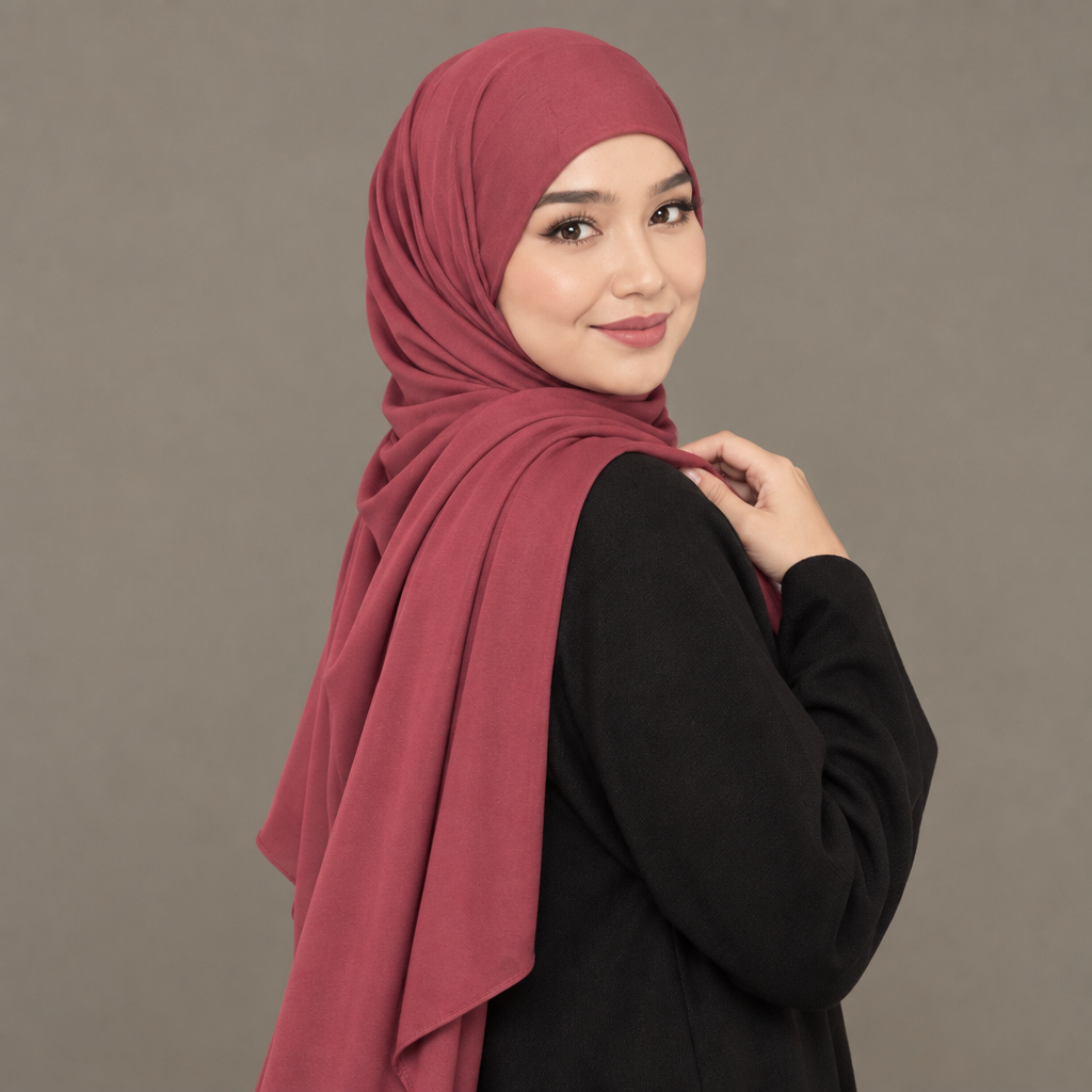 Rose-red jersey hijab, over-the-shoulder pose