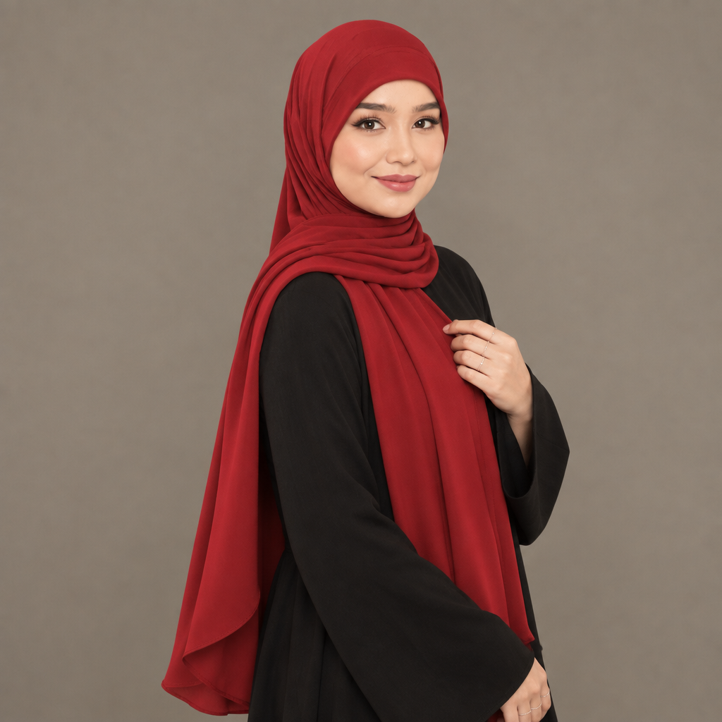 Scarlet jersey hijab, three-quarter pose