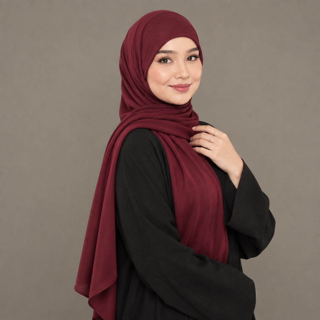 Wine jersey hijab, angled pose